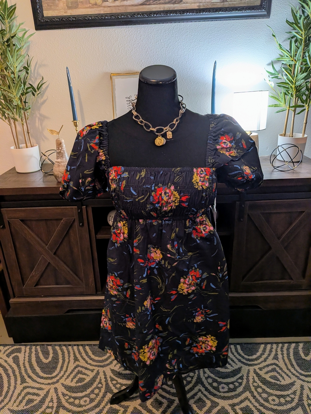 Black Floral Smocked Square-Neck Puff Sleeve Dress